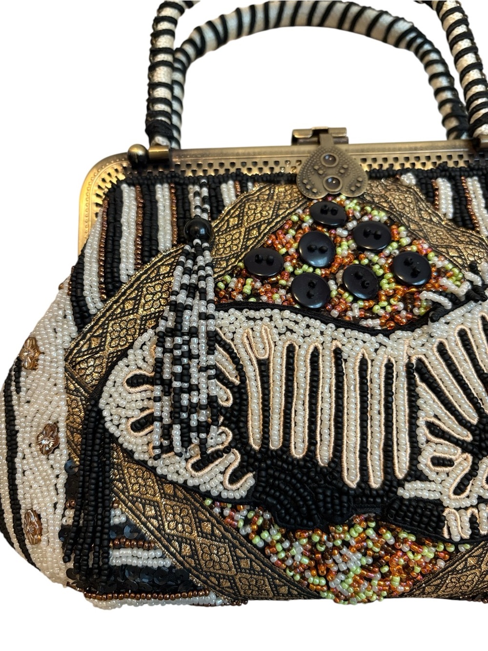 Vintage Beaded Zebra Bag Coldwater Creek Tassel Accents Gold Tone Black & White - Picture 5 of 10